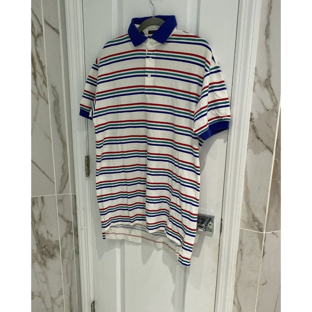 Resilio Sport Blue White Striped 100% Cotton Short Sleeve Polo Shirt Size Medium